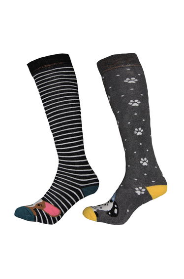 Simply Essentials Womens/Ladies Dogs Welly Socks (Pack Of 2) - Black/Grey