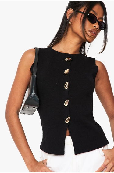 Gold Button Detail Longline Knitted Waistcoat - black