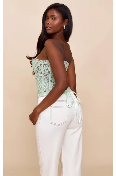 Pale Lime Textured Sheer Floral Lace Corset