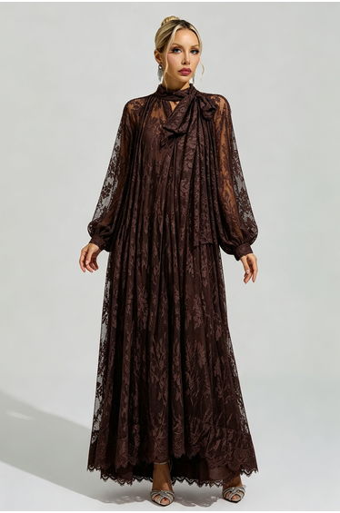 Ceridwen Dark Brown Embroidered Maxi Dress