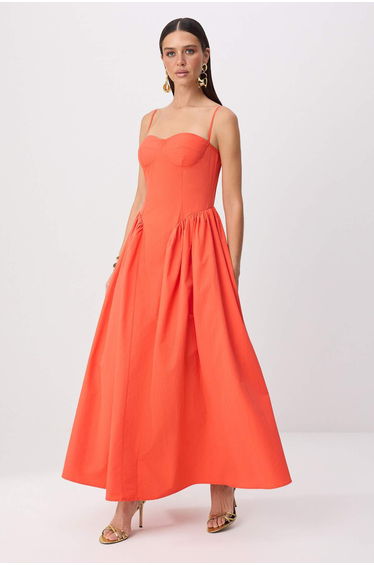 Pomegranate Flower Plain Woven Poplin Maxi Unlined Stylish/Evening Dress
