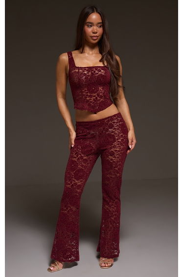Dark Wine Lace Mid Rise Skinny Flares