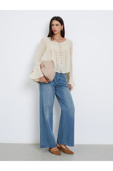 Beige Bell Sleeve Buttoned Top