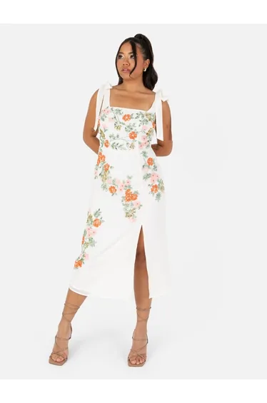 Maya Cream Tie-Shoulder Strappy Embellished Midi Dress