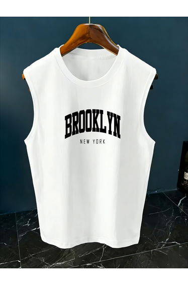 Men White Text Print Tank