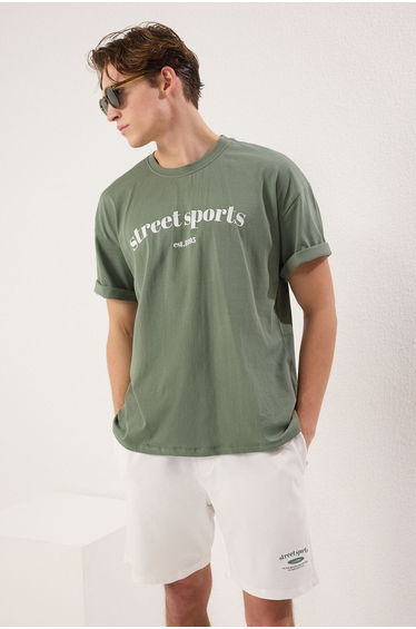 Emerald Green-Ecru 2-Piece Tracksuit Set Oversize/Wide Cut 100% Cotton Shorts - T-Shirt