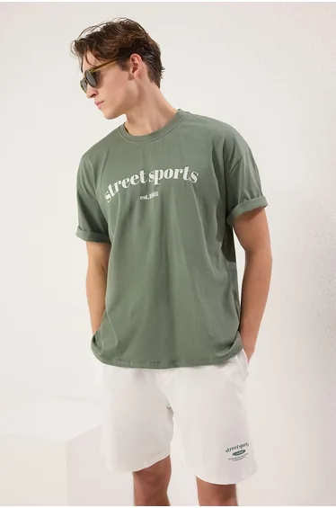 Emerald Green-Ecru 2-Piece Tracksuit Set Oversize/Wide Cut 100% Cotton Shorts - T-Shirt