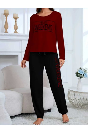 Text Print Round Neck Top and Cuffed Pyjama Set