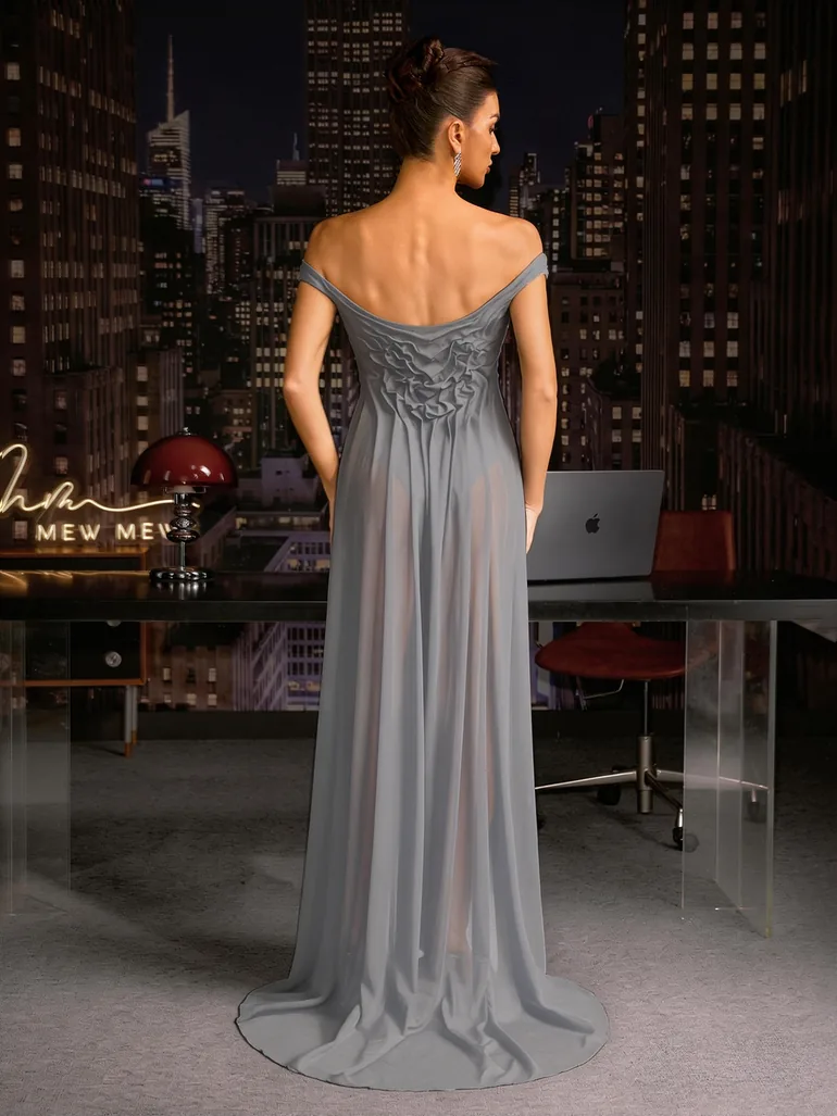 Cylora Off Shoulder Ruched Buckle Maxi Dress In Grey - 5