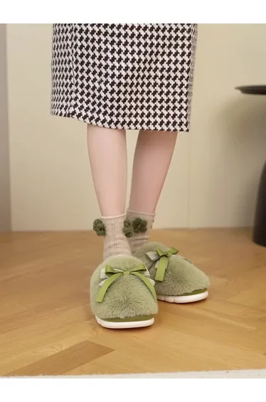 Green Fuzzy Slippers with Bow