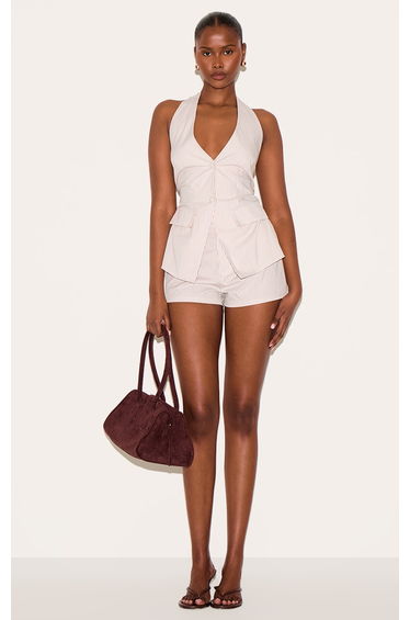 Stone Pinstripe Halter Waistcoat Tailored Playsuit