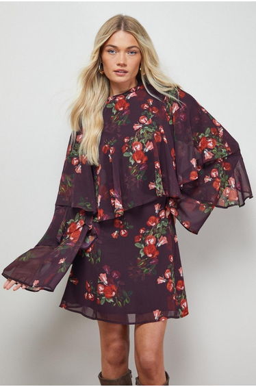 Ruffled Cape Sleeve Mini Dress