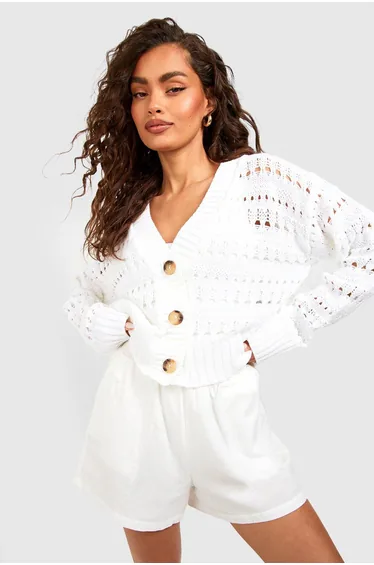 Crochet Button Through Crop Cardigan - white