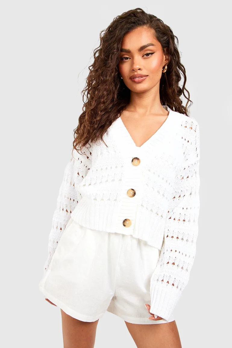 Crochet Button Through Crop Cardigan - white - 2