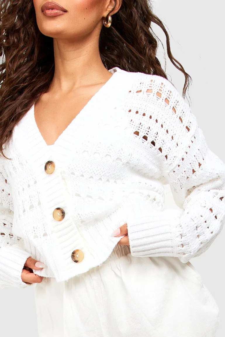 Crochet Button Through Crop Cardigan - white - 3
