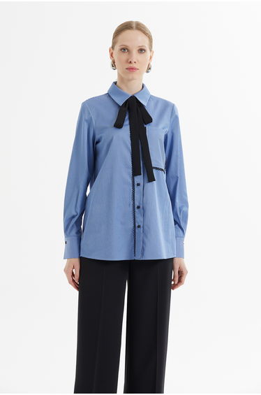 Stripe Piping Detail Striped Blue Shirt and Black Pants Set