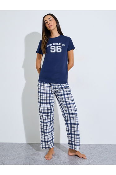Nav Blue Cozy Girl Club T-Shirt and Check Pyjama Set