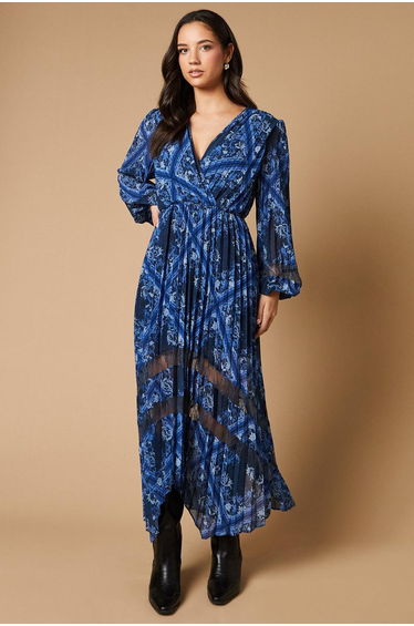 Scarf Print Pleated Lace Trim Insert Wrap Midi Dress