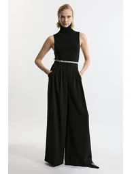 Tailored Crepe Pleat Detail Wide Leg Trousers - 3