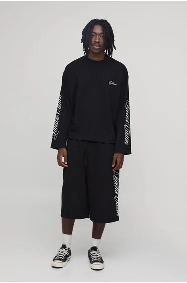 Oversized Boxy Script Long Sleeve T-Shirt and Jort Set - black