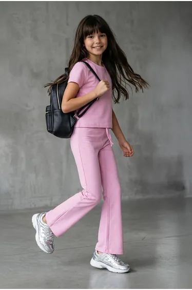 Pink Girl 100% Cotton Basic Flare Leg Short Sleeve Flexible Knitted Top-Bottom Set