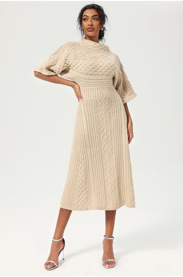Marie-Lou Crew Collar Knit Midi Dress Beige in Beige