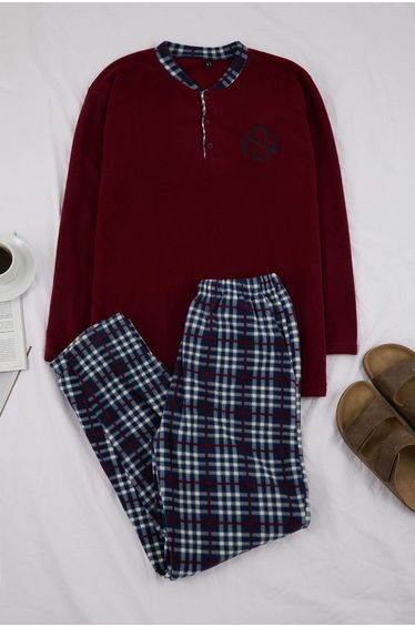 Burgundy Regular Fit Plaid Patterned Buttoned Fleece Pajamas Set