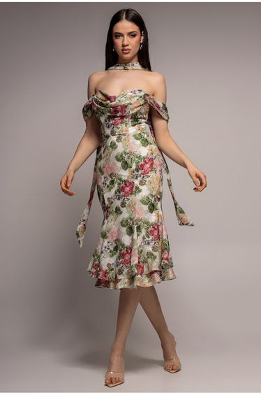 Cowl Neck Floral Print Jacquard Chiffon Tiered Midi Dress - Cream by Goddiva