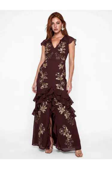 Maya Espresso Cape Sleeve Embellished Maxi Dress