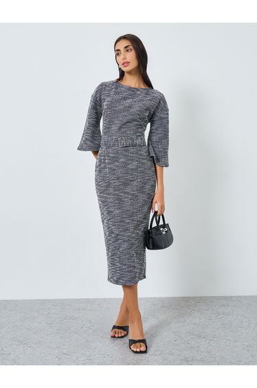 Tweed Bell Sleeve Belted Midi Dress