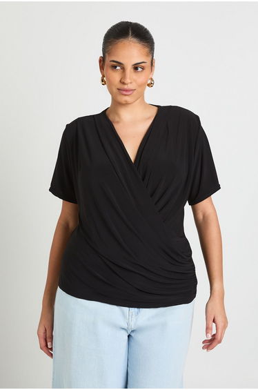 Plus Double Layer Slinky Super Cowl Neck Short Sleeve Ruched Top - black