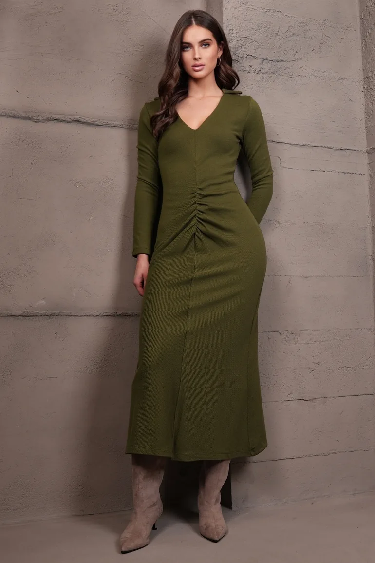 Women's Khaki V-Neck Drape Detailed Knitwear Dress - 3