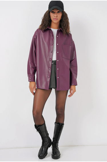 BDART Oversized Faux Leather Long Sleeve Button-Up Shirt with Pocket