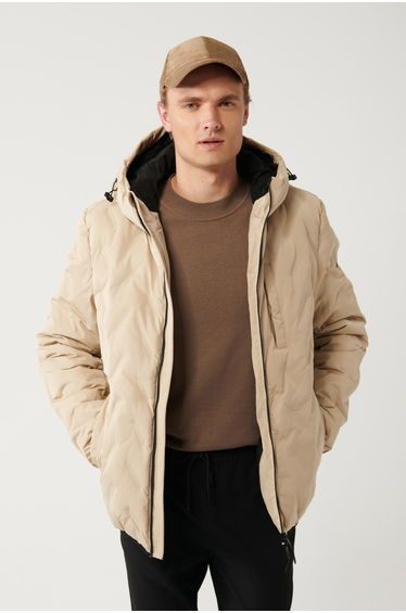 Men's Beige Hooded Water Repellent Windproof Puffer Jacket with Carrying Strap