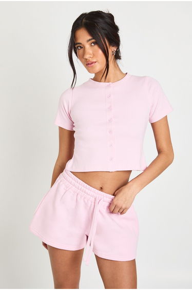 Ribbed Button Through Cap Sleeve Top And Short Tracksuit - light pink