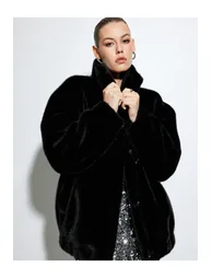 Oversize Plush Coat with Stand Collar and Zippered Pockets