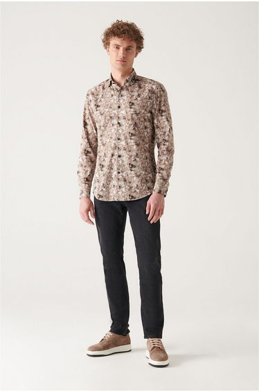Men's Camel Abstract Pattern 100% Cotton Slim Fit Slim Fit Shirt .