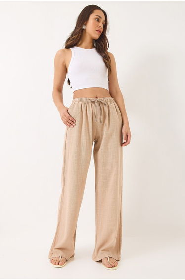 Women's Waist Tie Linen with Pocket Details Palazzo Trousers