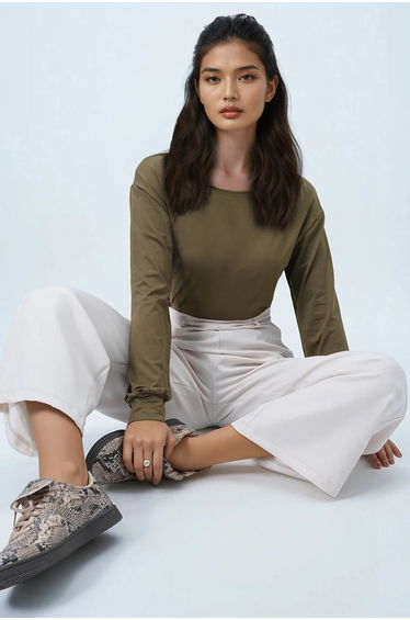 Women's Olive Green Boat Neck Cuffed Blouse