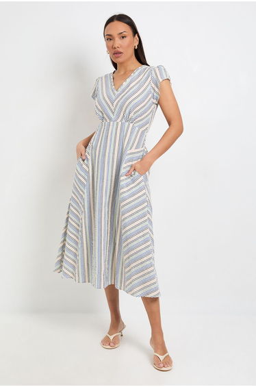 Stripe Sleeveless V Neck Midi Dress