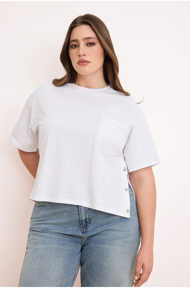 White Crew Neck Snap Detail Knitted Plus Size Oversized Crop Boy T-Shirt