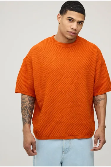 Oversized Geo Stitch Knitted T-Shirt - orange