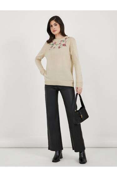 Embroidered Round Neck Longline Sweaters
