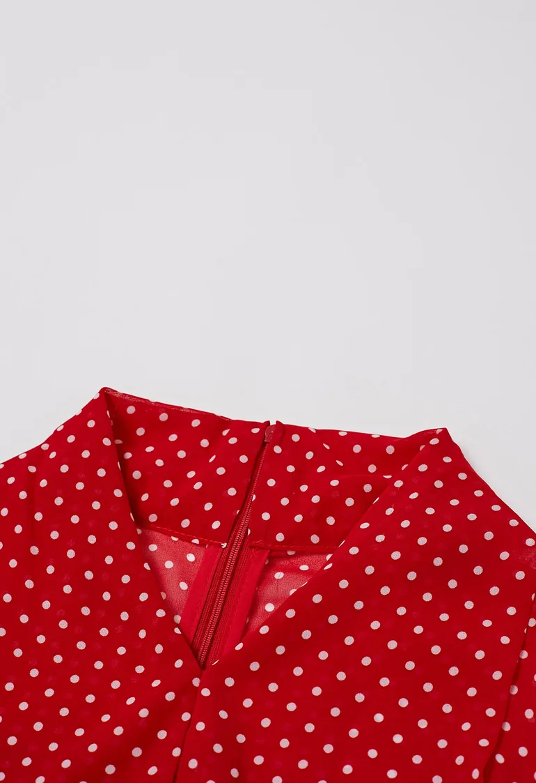 Cascade Ruffle Polka Dot Bowknot Chiffon Maxi Dress in Red - 6