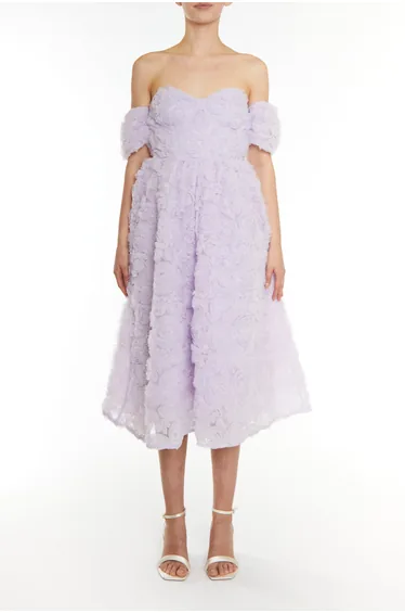 Amelia Lilac 3d Applique Bardot Bust Cup Midi Dress