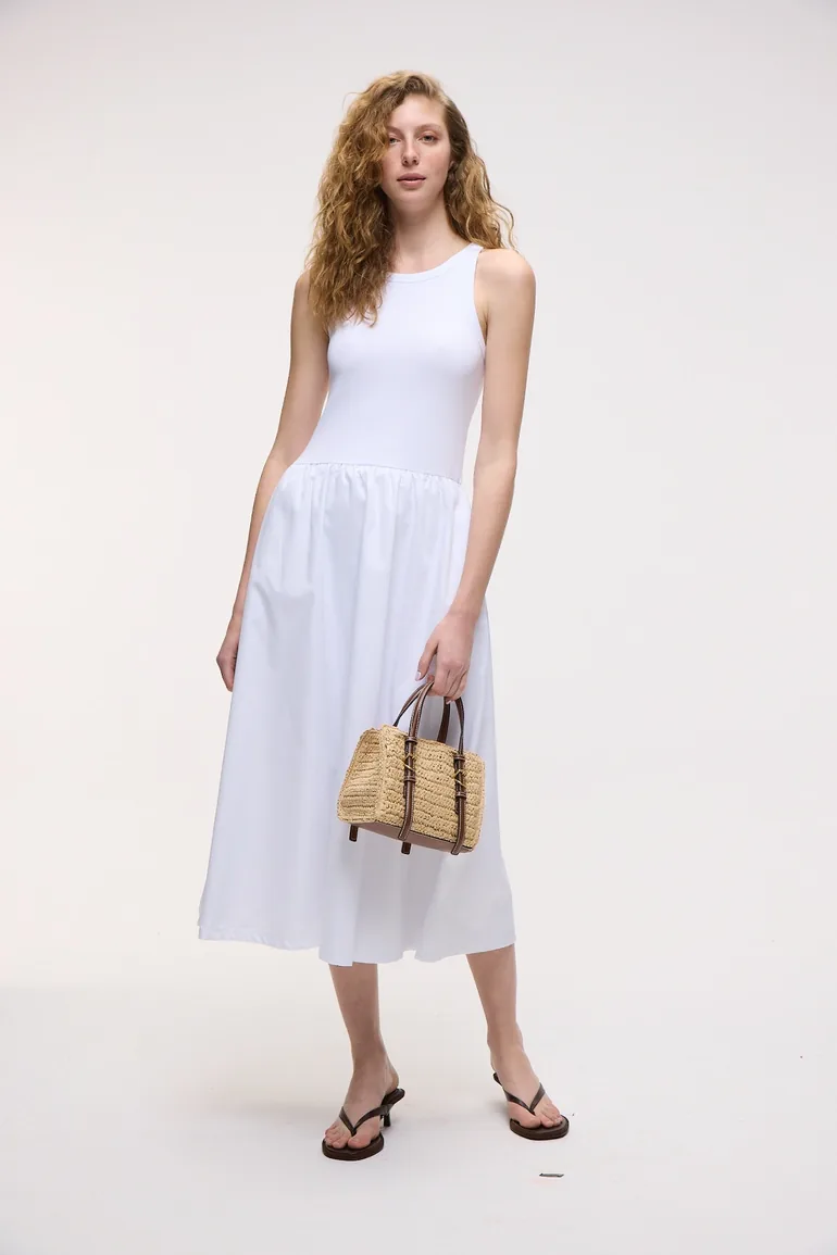 GRIMELANGE CATALA Women's Poplin Woven Scoop Neck Sleeveless White Dress