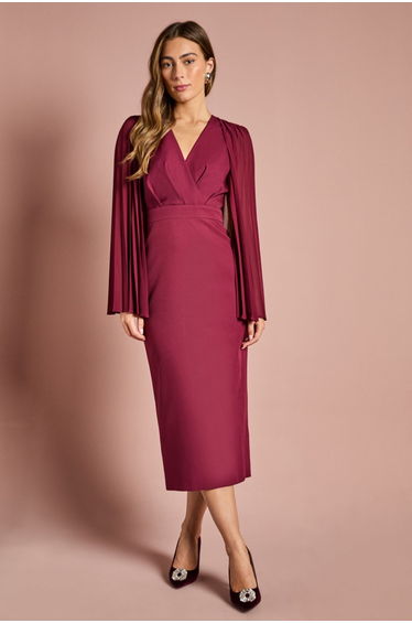 Pleated Cape Sleeve Crepe Pencil Midi Dress