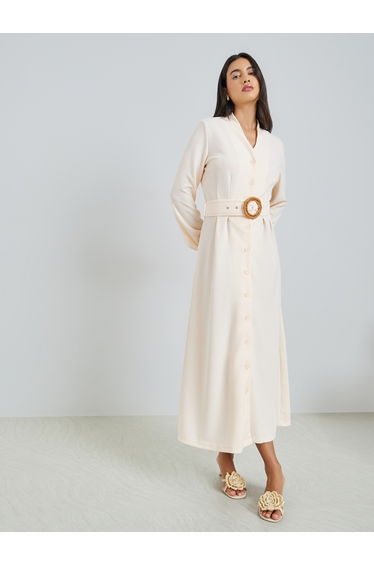 Beige Buttoned A-Line Maxi Dress with Belt