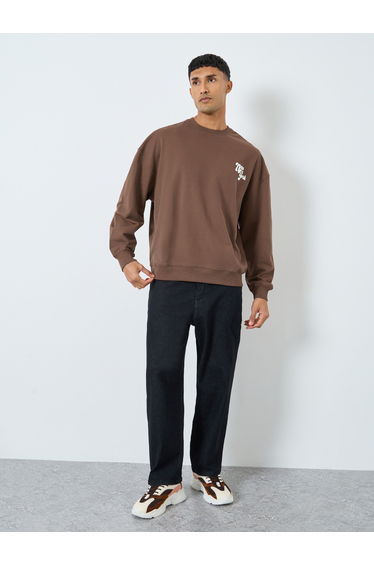 Men Brown Graphic Oversized Fleece Sweatshirt