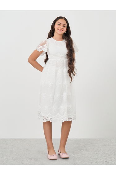 Lace Insert Round Neck A-Line Midi Dress